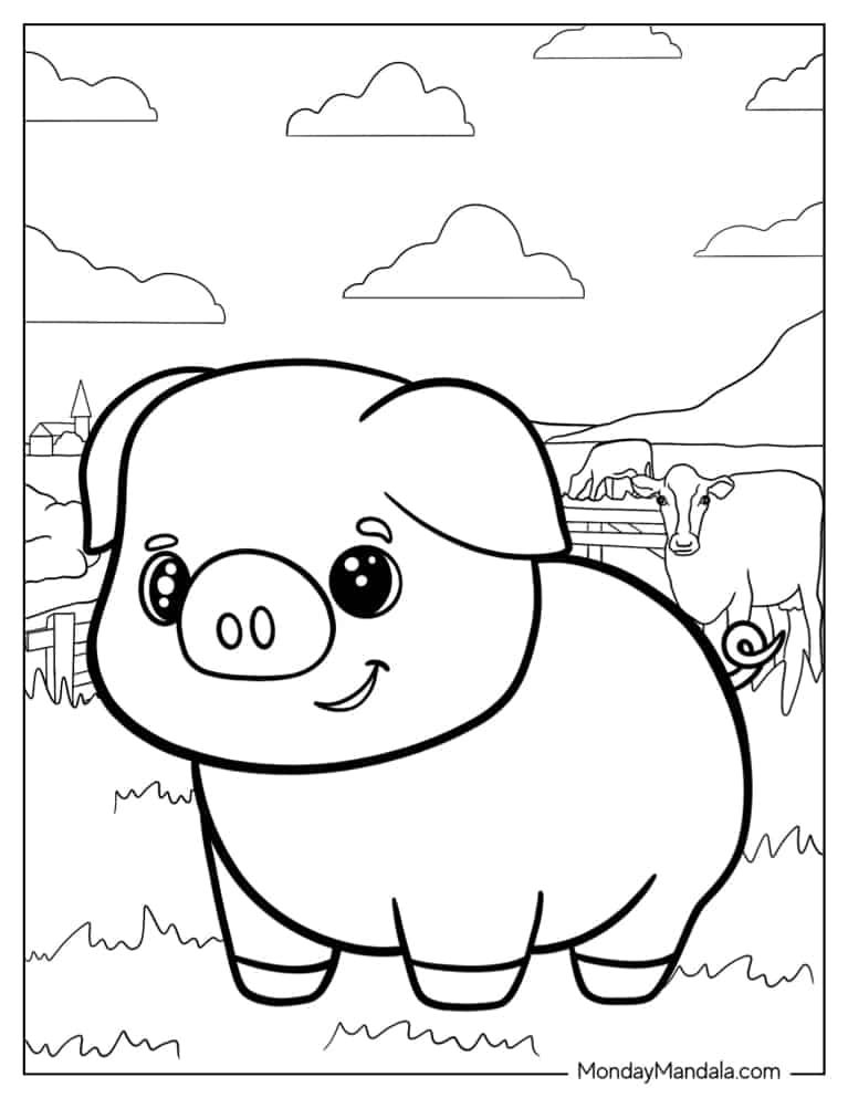 adorable kawaii pig with cows on a farm jpg jpg